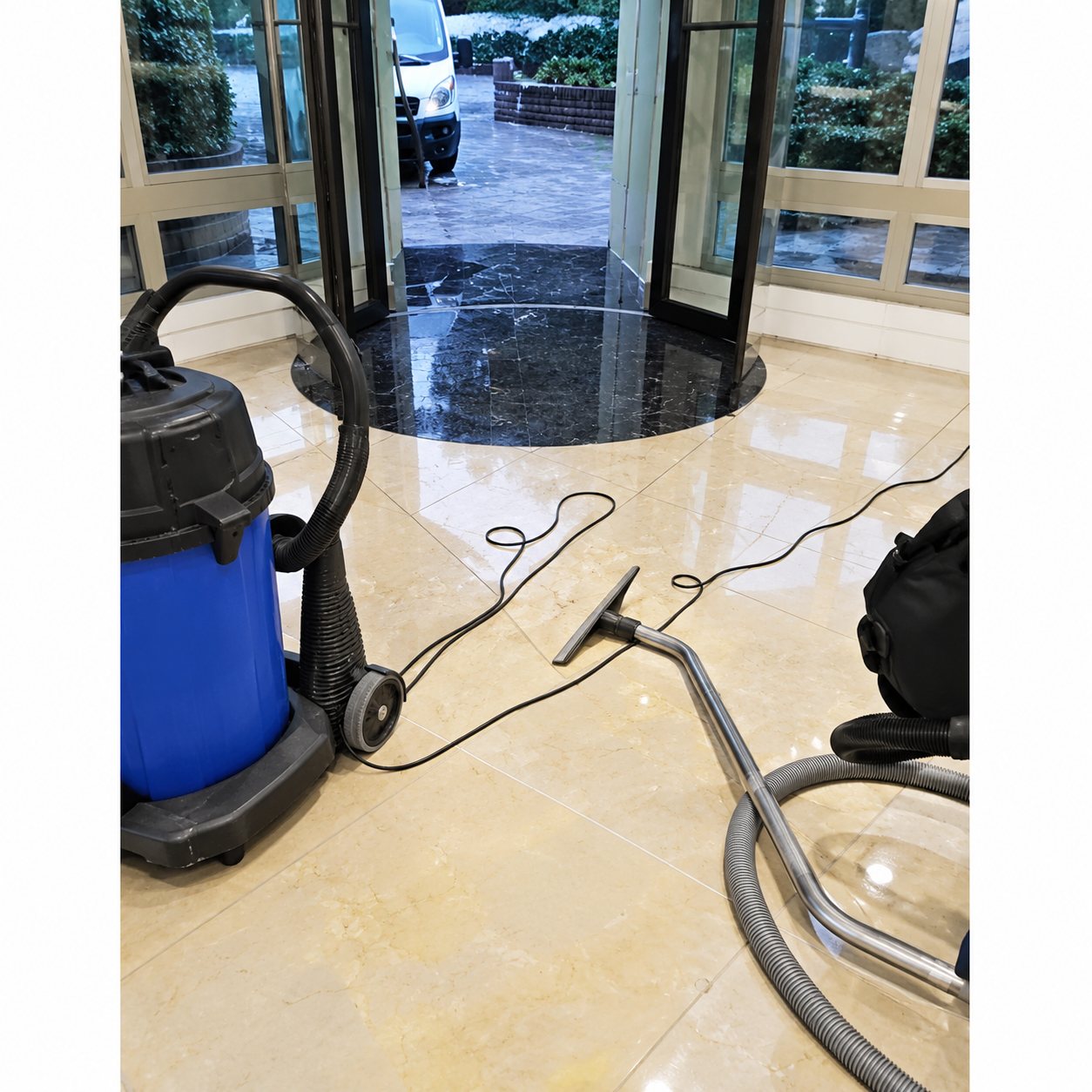 Un aspirateur eau et poussière bleu et noir avec son tuyau gris posé sur un sol carrelé clair devant une porte vitrée.