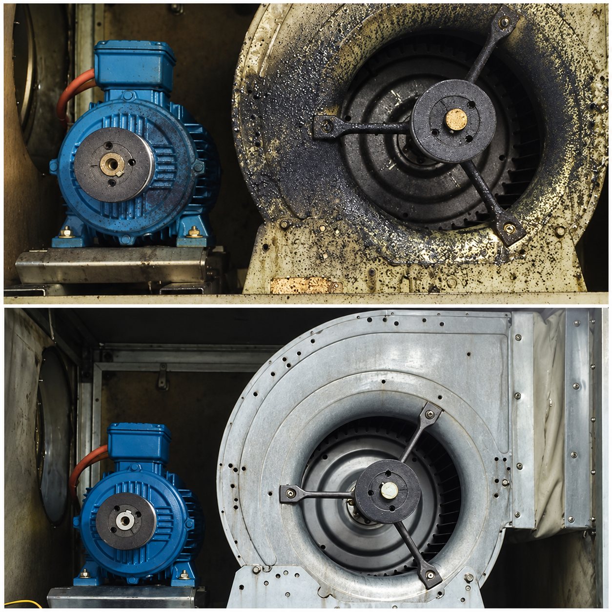 Photo en deux parties montrant un moteur bleu et un ventilateur de ventilation encrassé de suie, puis le même équipement propre et métallique après nettoyage.