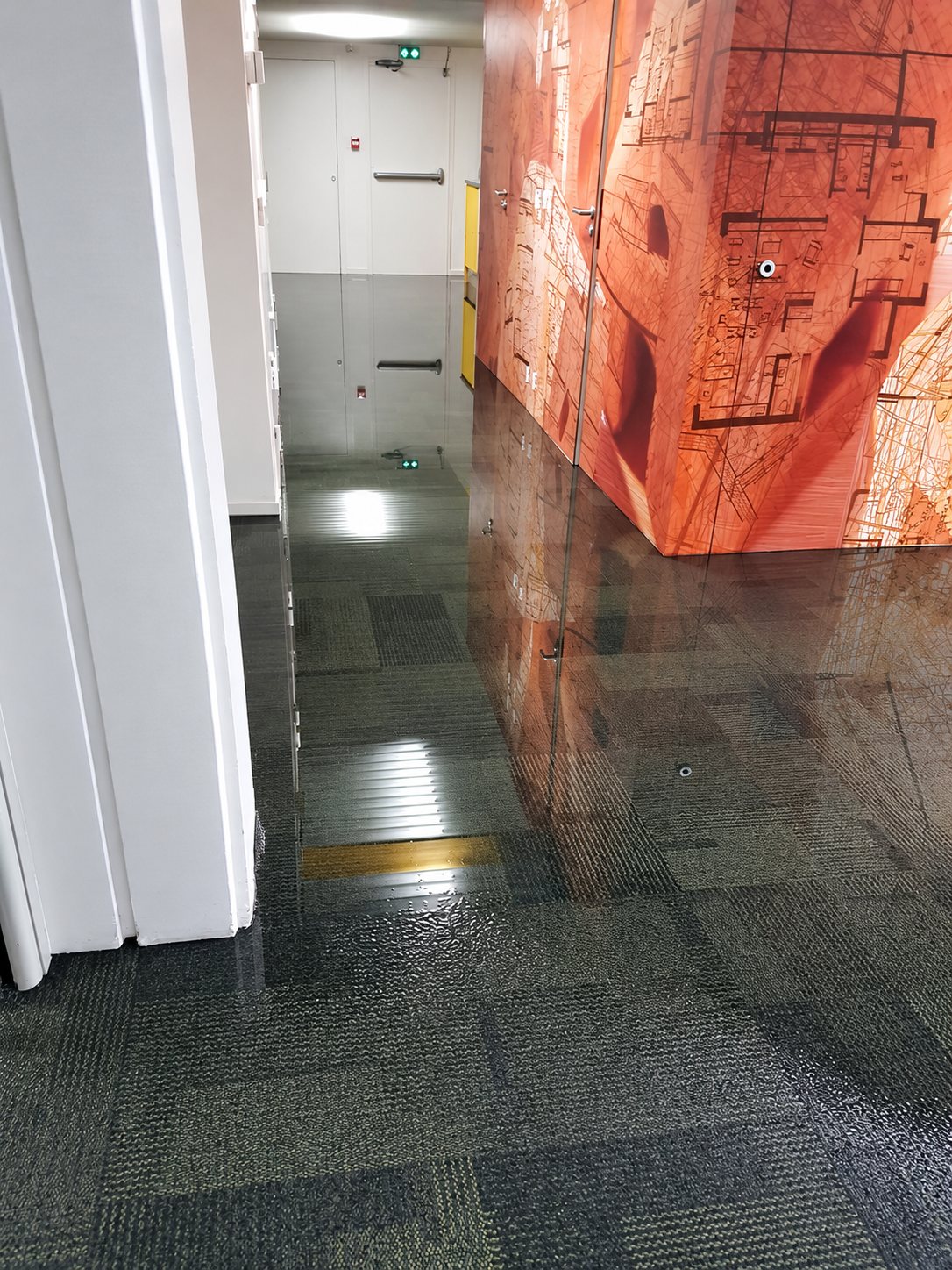 Un couloir de bureau dont la moquette grise est entièrement recouverte d'une nappe d'eau qui reflète les portes et le mur décoré de plans.