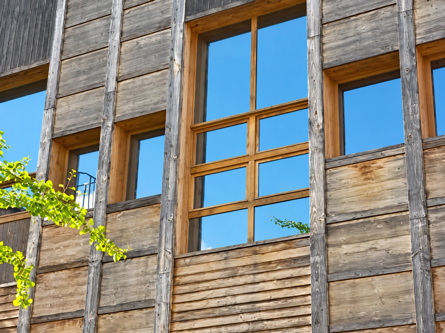 Façade en planches de bois vieilli équipée de fenêtres à cadre en bois qui reflètent le ciel bleu, avec quelques feuilles vertes au premier plan à gauche.