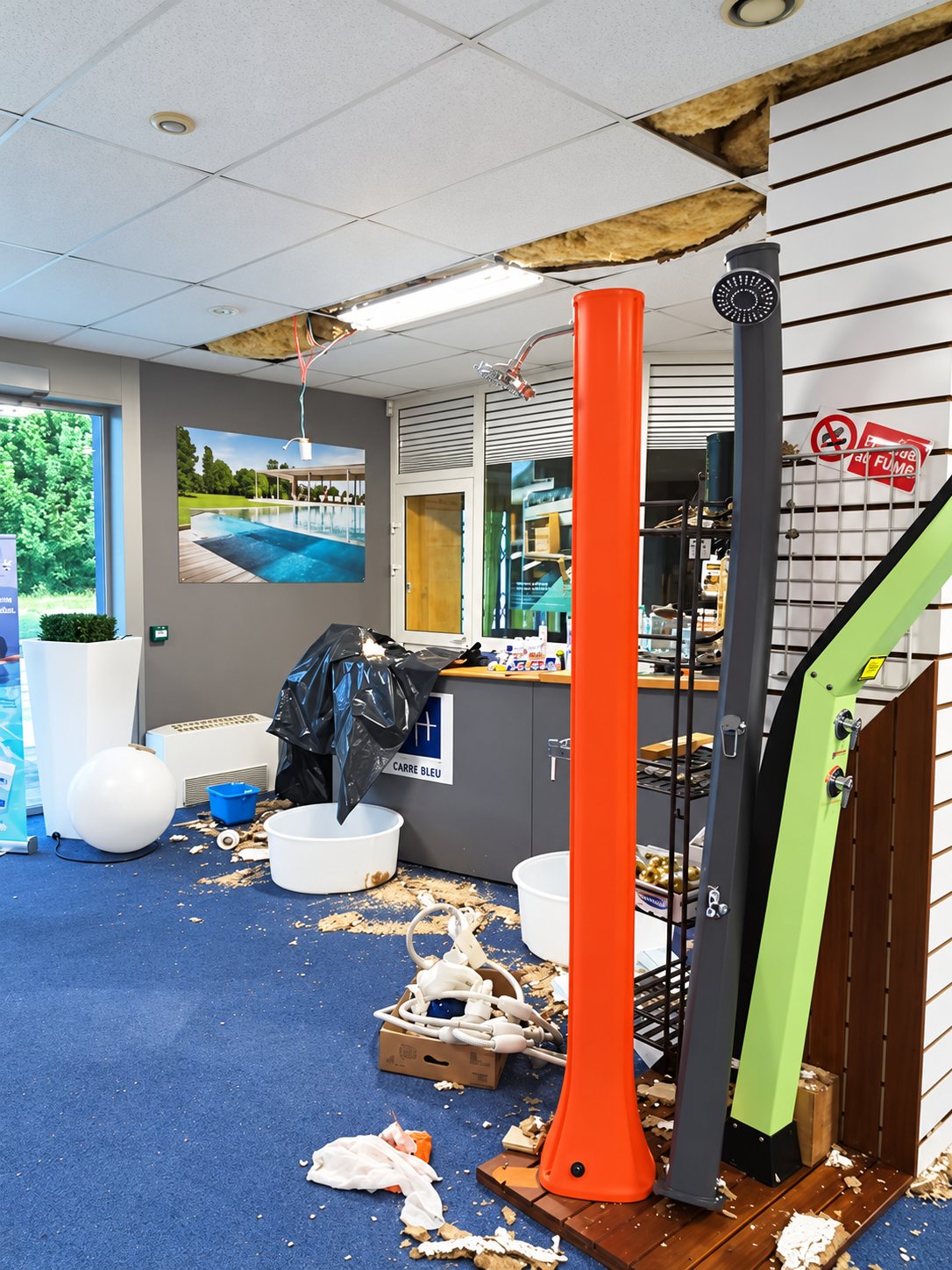 Intérieur d'un magasin de piscines dont le plafond effondré a laissé des débris au sol, avec des bassines et des douches solaires colorées au premier plan.