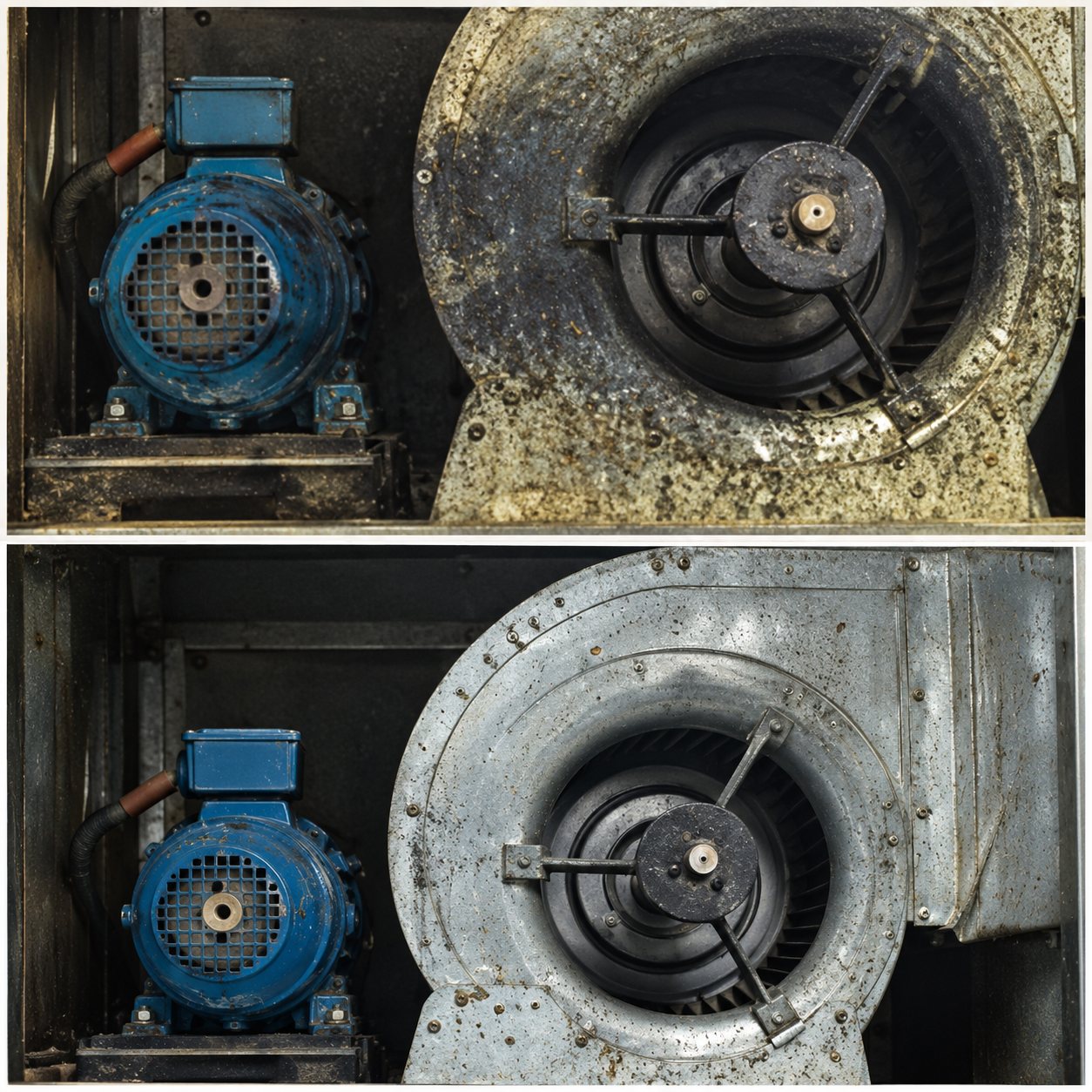Deux vues superposées d'un moteur électrique bleu accouplé à un ventilateur centrifuge, l'une encrassée et l'autre propre après intervention.