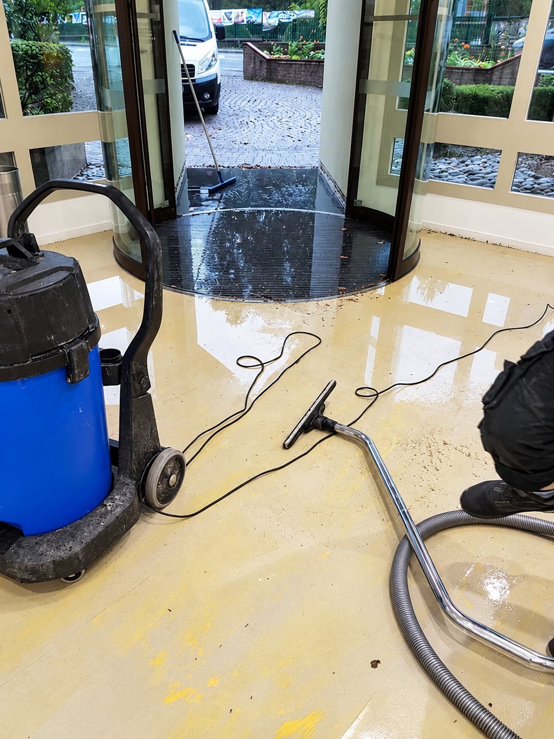 Un aspirateur à eau bleu et son suceur nettoient le sol mouillé d'un hall d'entrée vitré avec porte tournante, où un balai est posé sur le tapis d'entrée.