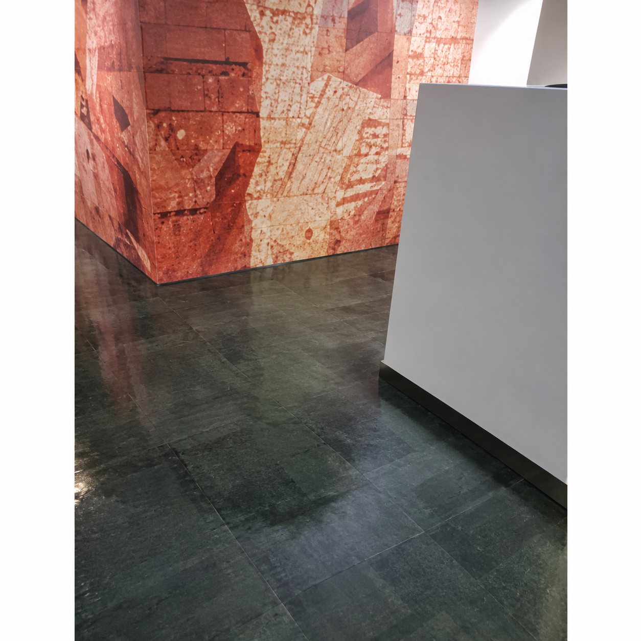 Intérieur avec un sol sombre et brillant, un mur rose à motifs sur la gauche et une cloison blanche sur la droite.